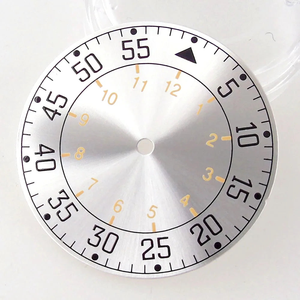 Sterile 33.6mm sunburst silver watch dial for 39mm pilot wristwatch with NH35A/NH36A movement.
