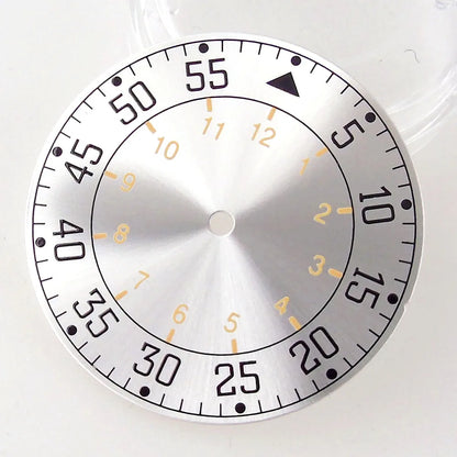 Sterile 33.6mm sunburst silver watch dial for 39mm pilot wristwatch with NH35A/NH36A movement.