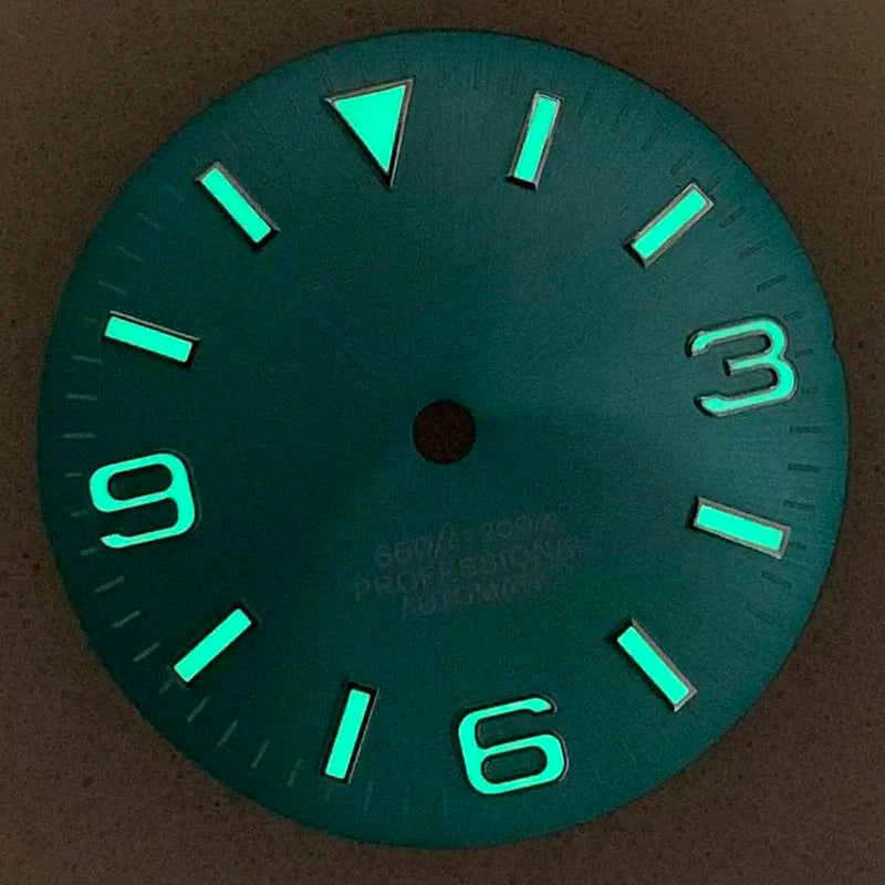 28.5mm S Logo Watch Dial SunBurst with Green Luminous for NH35/NH36 Movement