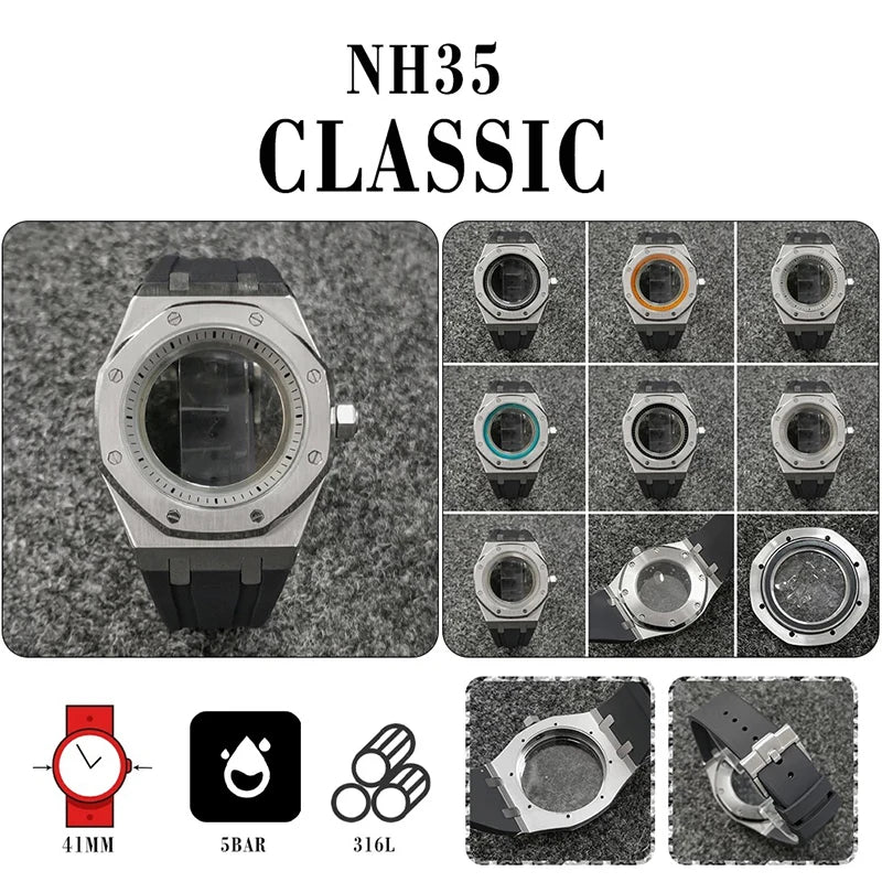 41mm 316L Steel Case+Strap+Ring Sapphire Glass Watch Case Fit NH35/NH36