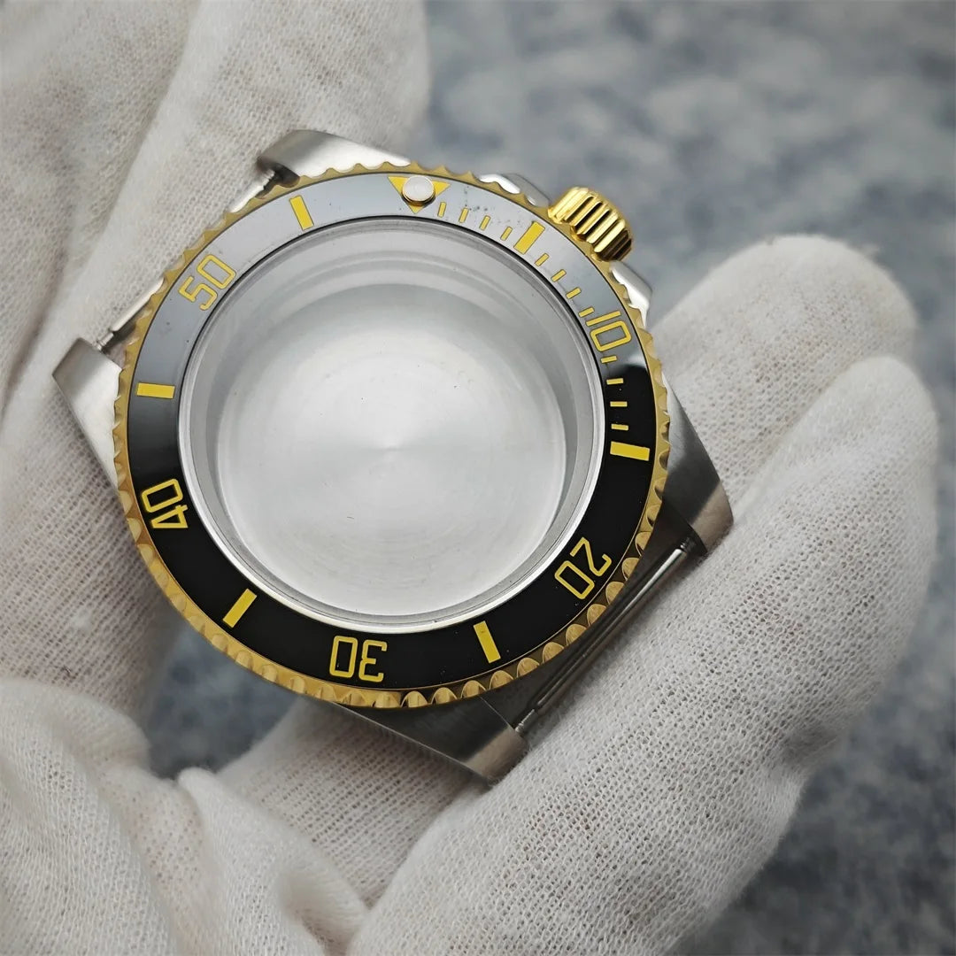 316L Watch Case 40mm Gold Edge Sapphire Flat Glass for NH35/ NH36 Modification