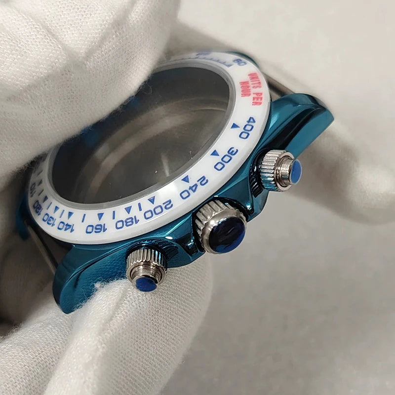 Steel 39mm VK63 PVD Blue Watch Case Sapphire Glass Ceramic/Steel Bezel Fit VK63