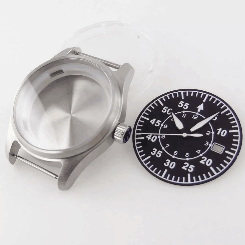 39mm Sapphire Glass Pilot Watch Case Luminous Dial fit ETA 2824 PT5000 NH35 NH36