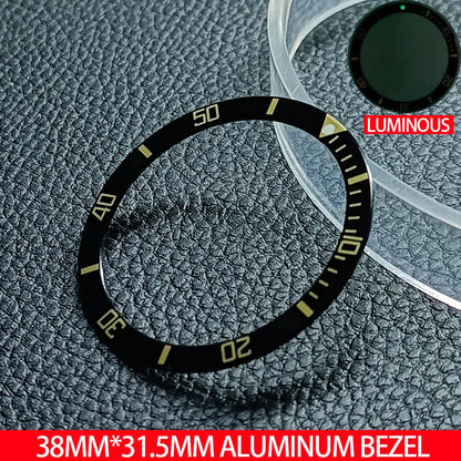 Flat luminous aluminum bezel insert for 38mm watches, durable replacement accessory.