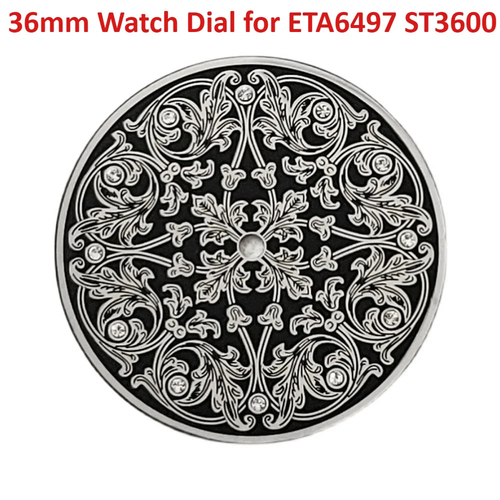 36mm Modified Retro Silver Floral Watch Dial for ETA 6497 ST3600 Movement