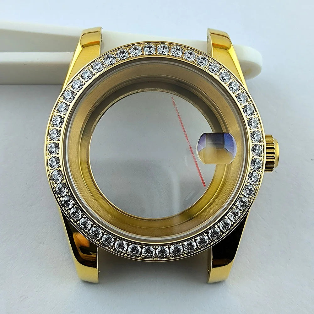 Diamond Decorated Steel Watch Case with Sapphire Glass Waterproof Fit NH35/NH36