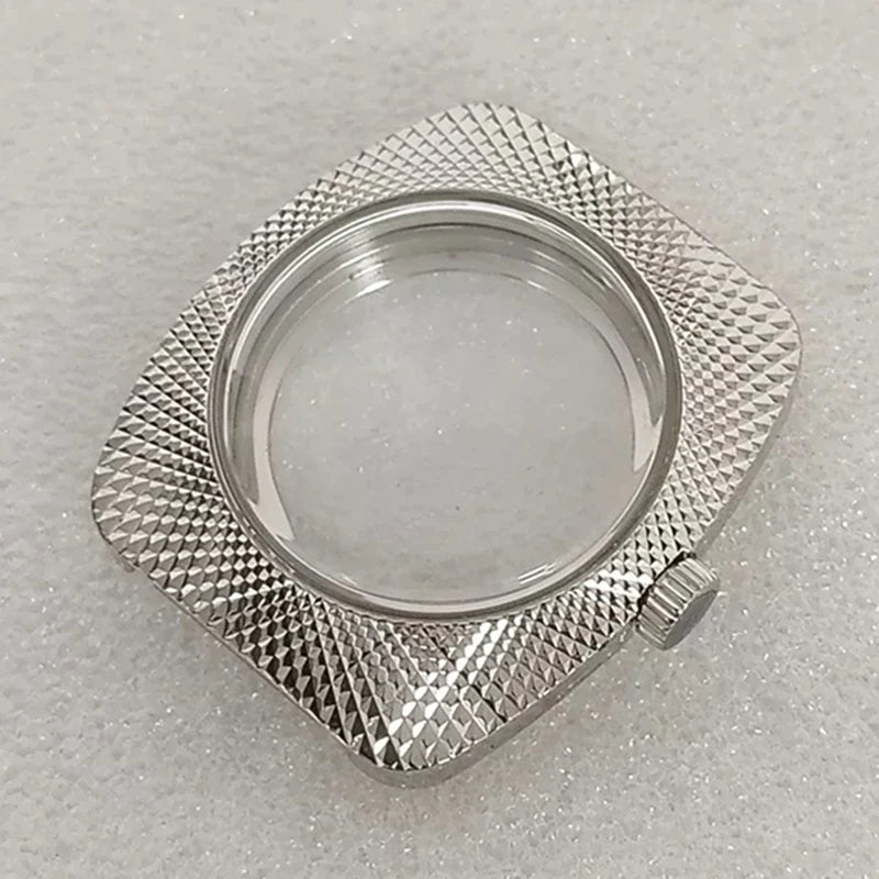 36.5mm Silver Geometric Design Bubble Mirror Watch Case+Strap Fit NH35/NH36/4R
