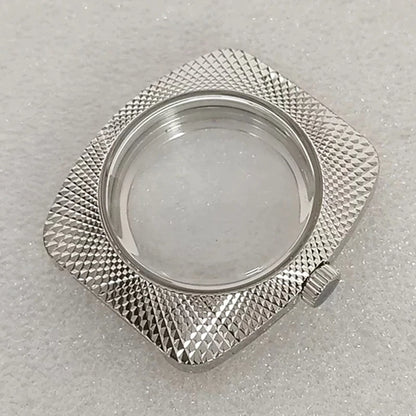 36.5mm Silver Geometric Design Bubble Mirror Watch Case+Strap Fit NH35/NH36/4R