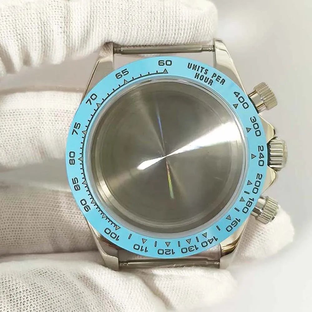 39MM Watch Case for VK63 Blue Ceramic Bezel Sapphire Glass 316L Steel Case