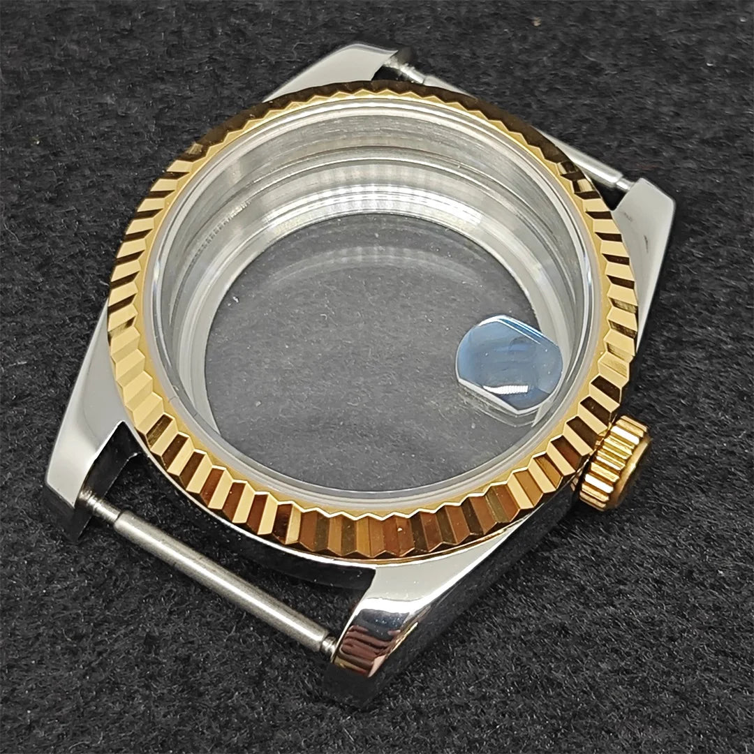 36mm Gold Sliver Fluted Teeth / Bevel Watch Case Sapphire Glass for NH35/NH36/4R