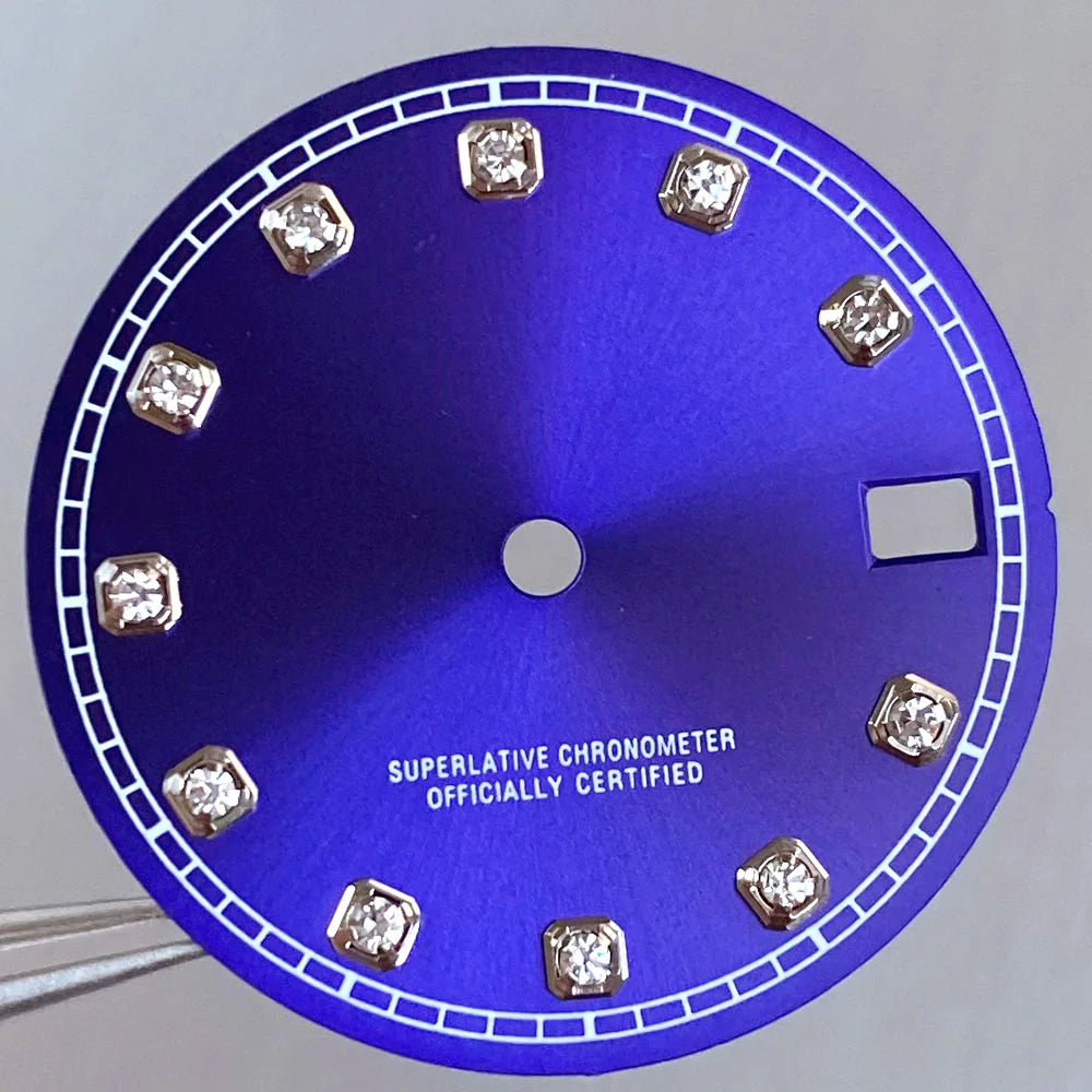 Mod Diamond Index 28.5mm watch dial in silver blue green, compatible with NH35A NH36A automatic movements.
