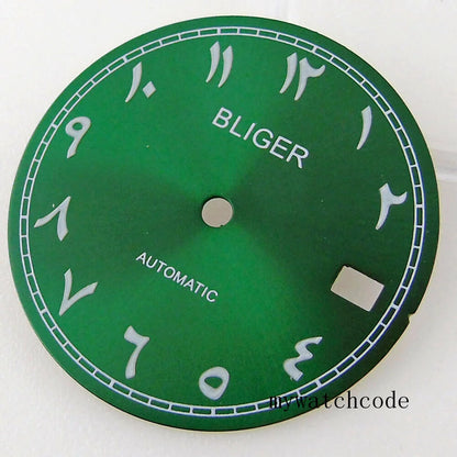Bliger 29mm multicolor watch dial with green lume, compatible with NH35A NH36A automatic movements.