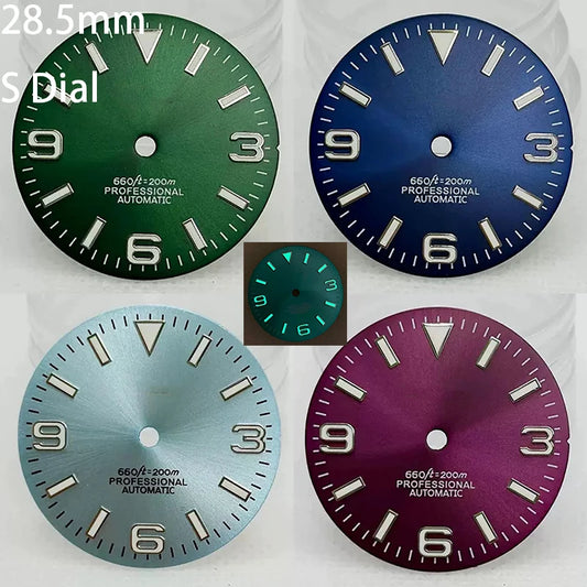 28.5mm S Logo Watch Dial SunBurst with Green Luminous for NH35/NH36 Movement
