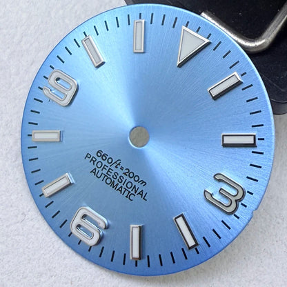 28.5mm S Logo Sunburst Ex plorer Watch Dial Green Luminous Fit NH35/NH36/7S/4R