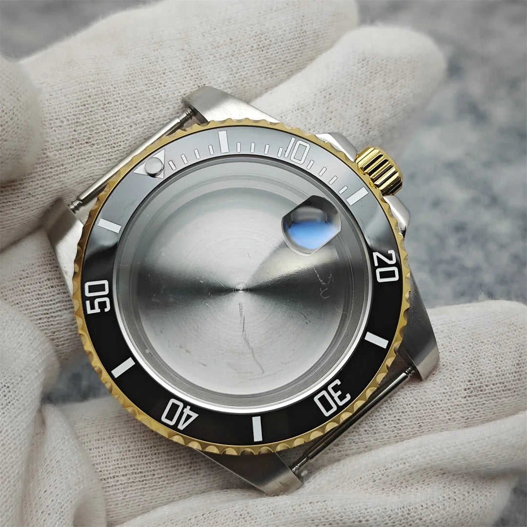 40mm Steel Gold Edge Watch Case Sapphire Date Magnifying Glass for NH35/NH36
