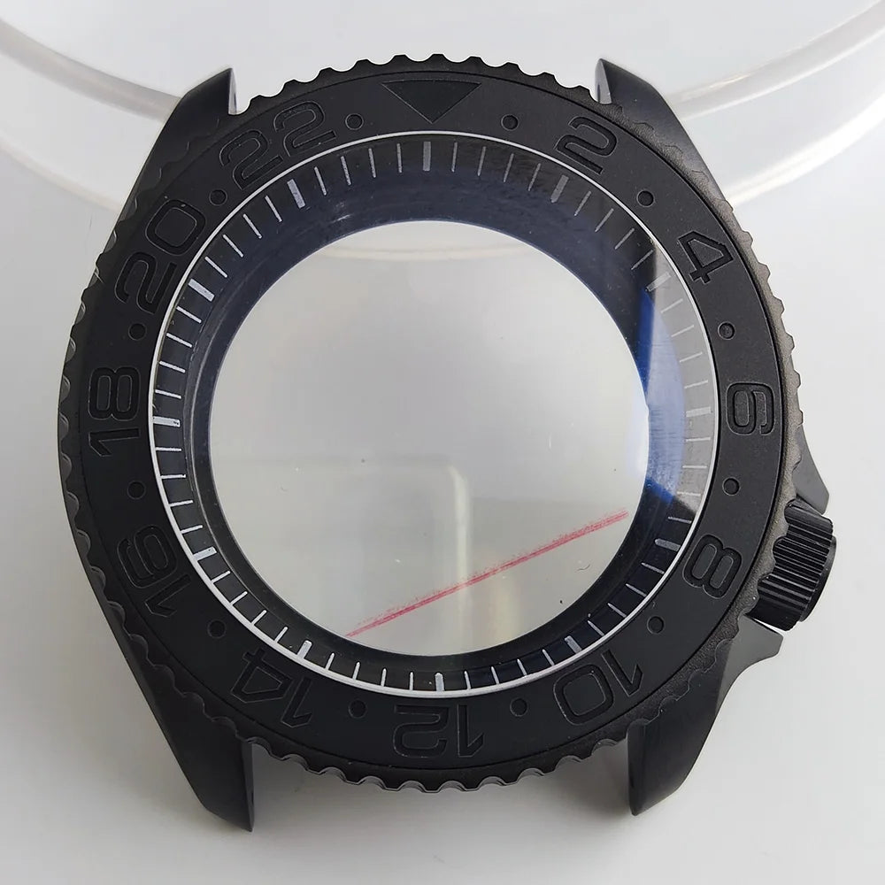 Black matte 41.5mm stainless steel watch case with ceramic bezel, sapphire glass, waterproof, fits NH35 NH36 movements by Case.