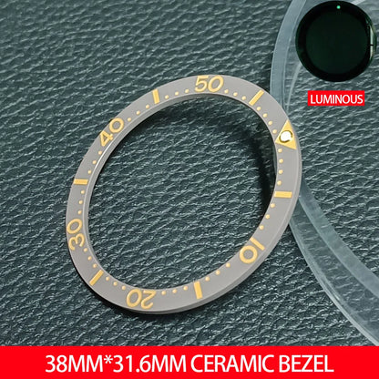 Flat ceramic bezel insert 38mm with luminous markers for precise watch accessory replacement.