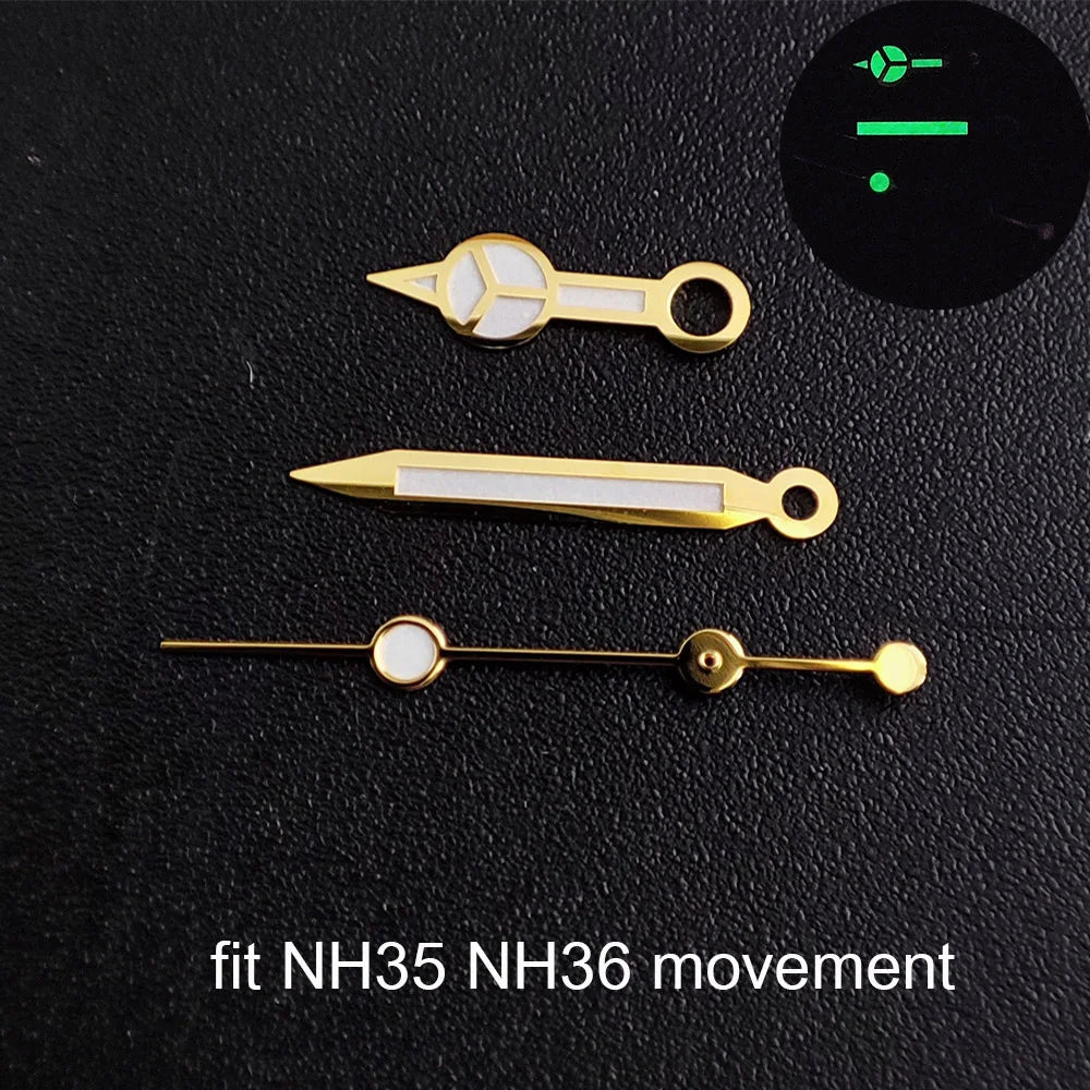 Green luminous watch hands compatible with NH35 NH36 ETA 2836 2824 Miyota 8205 8215 movements.