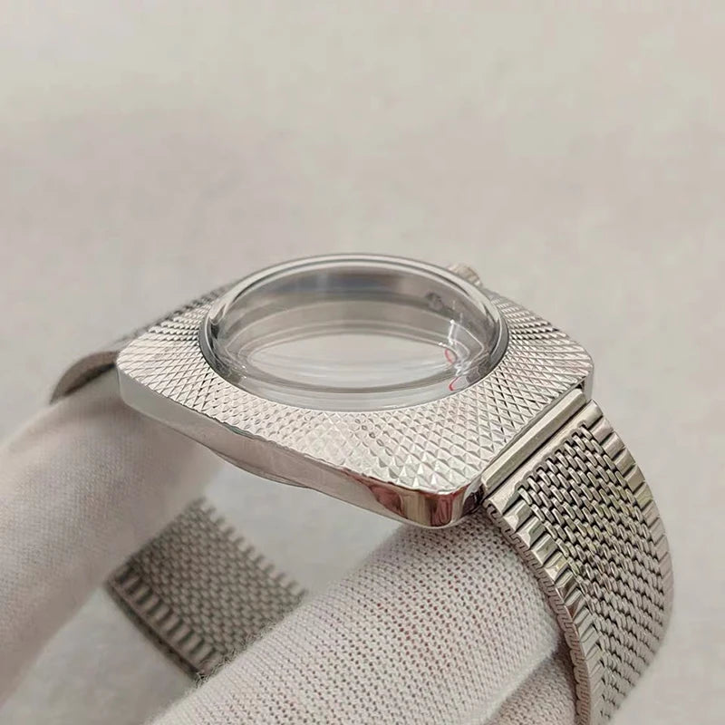 36.5mm Silver Geometric Design Bubble Mirror Watch Case+Strap Fit NH35/NH36/4R