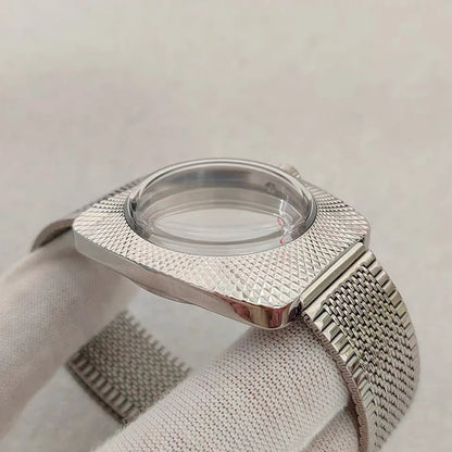 36.5mm Silver Geometric Design Bubble Mirror Watch Case+Strap Fit NH35/NH36/4R