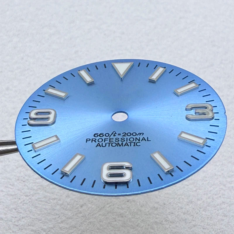 28.5mm S Logo Sunburst Ex plorer Watch Dial Green Luminous Fit NH35/NH36/7S/4R