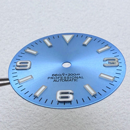 28.5mm S Logo Sunburst Ex plorer Watch Dial Green Luminous Fit NH35/NH36/7S/4R