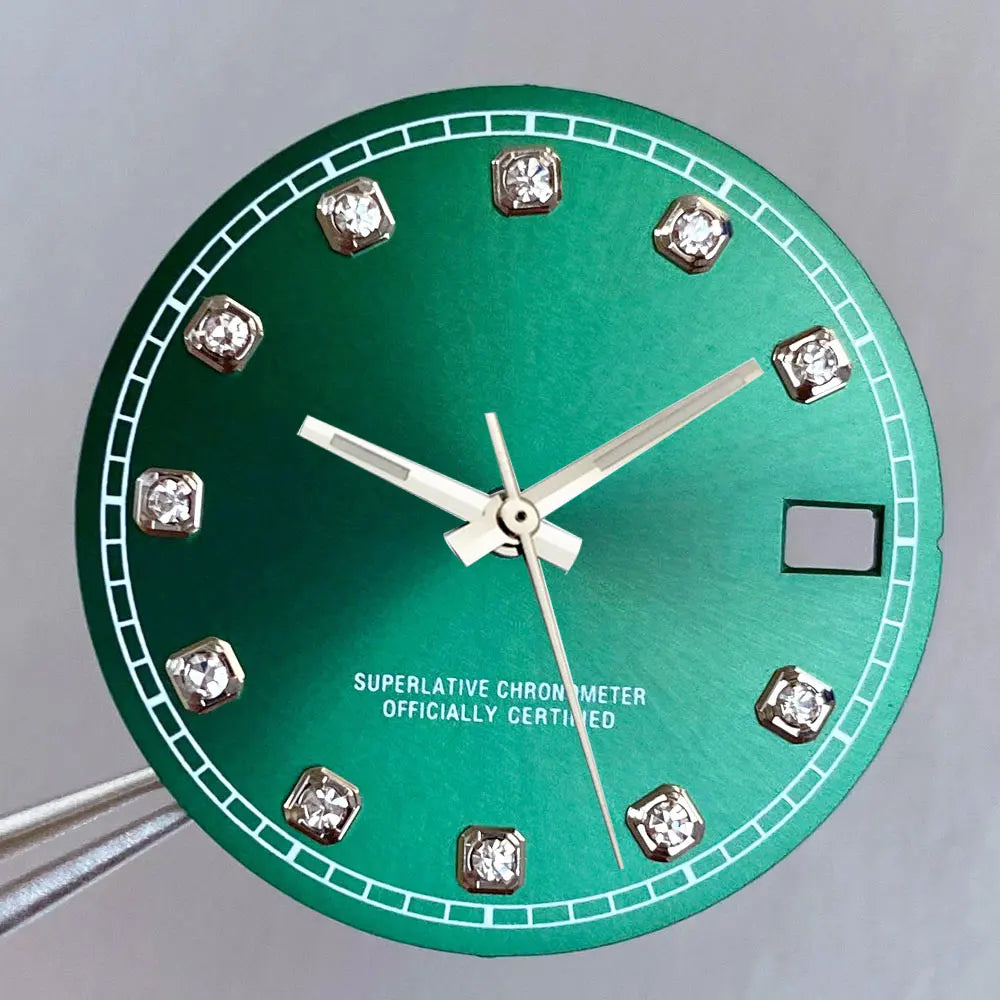 Mod Diamond Index 28.5mm watch dial in silver blue green, compatible with NH35A NH36A automatic movements.