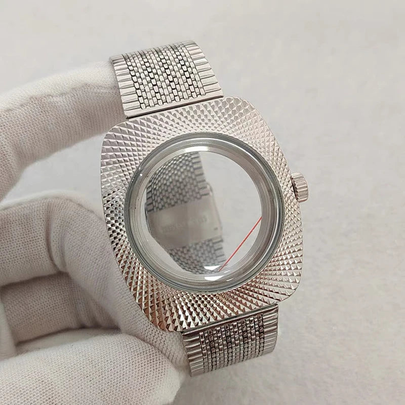 36.5mm Silver Geometric Design Bubble Mirror Watch Case+Strap Fit NH35/NH36/4R