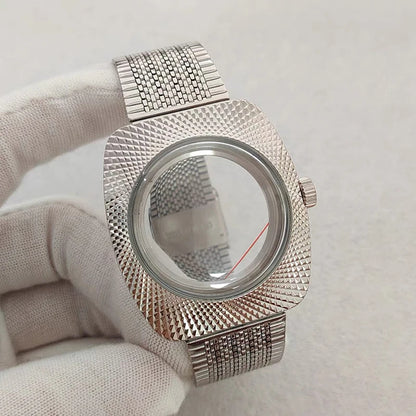 36.5mm Silver Geometric Design Bubble Mirror Watch Case+Strap Fit NH35/NH36/4R