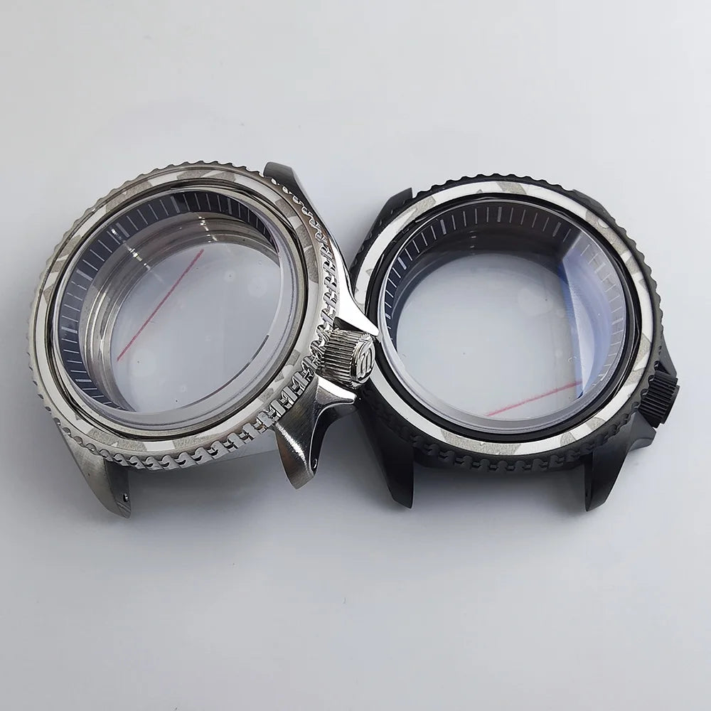 Black matte 41.5mm stainless steel watch case with ceramic bezel, sapphire glass, waterproof, fits NH35 NH36 movements by Case.