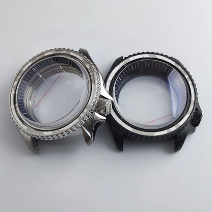 Black matte 41.5mm stainless steel watch case with ceramic bezel, sapphire glass, waterproof, fits NH35 NH36 movements by Case.