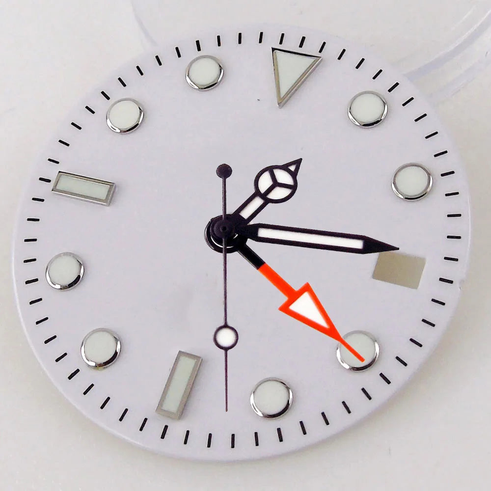 Nologo Sterile 29mm white NH34A watch dial for diver GMT mod, black edge markers, orange hands.