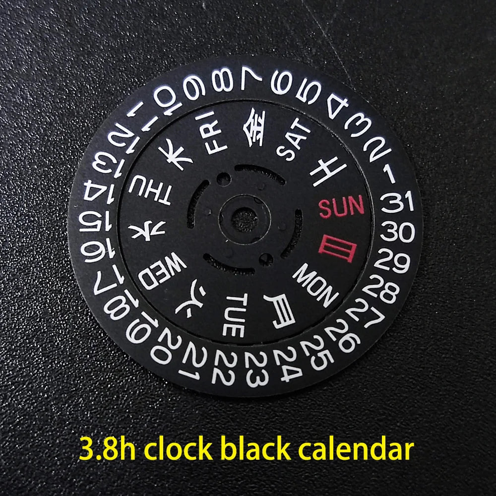 NH36 watch movement with hand-held calendar date disc wheel and day match features.