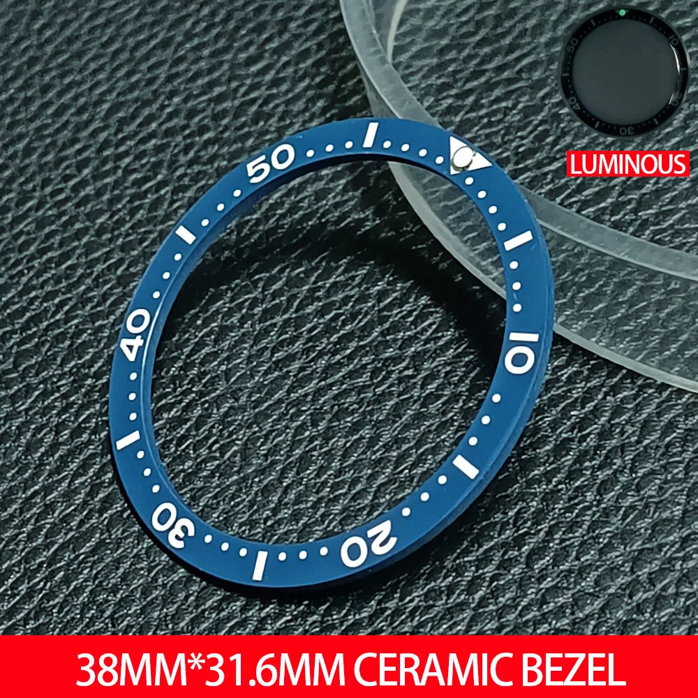 Flat ceramic bezel insert 38mm with luminous markers for precise watch accessory replacement.