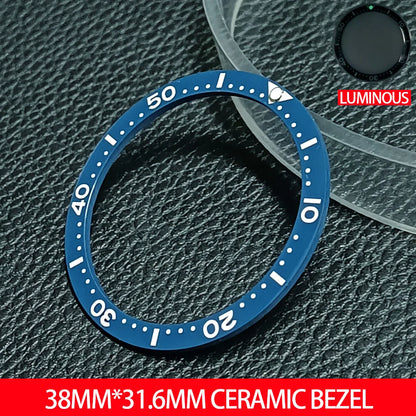 Flat ceramic bezel insert 38mm with luminous markers for precise watch accessory replacement.