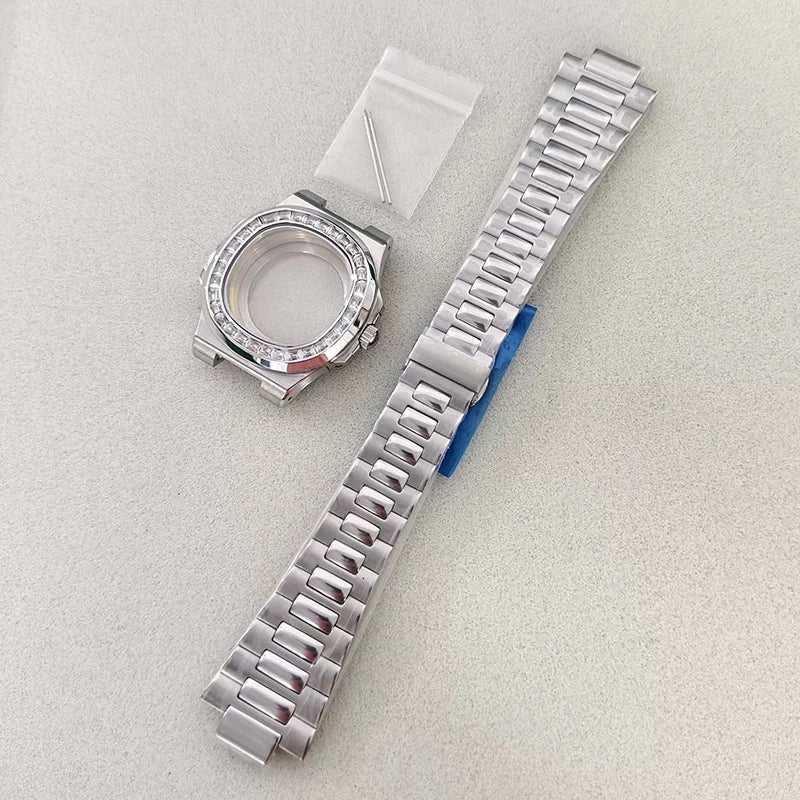 41mm Silver Watch Case+Strap Diamond inlaid Material Waterproof Fit NH35/NH36