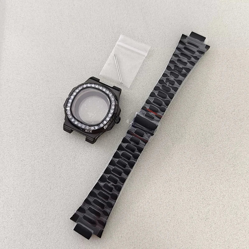 41mm Silver Watch Case+Strap Diamond inlaid Material Waterproof Fit NH35/NH36