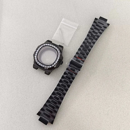 41mm Silver Watch Case+Strap Diamond inlaid Material Waterproof Fit NH35/NH36