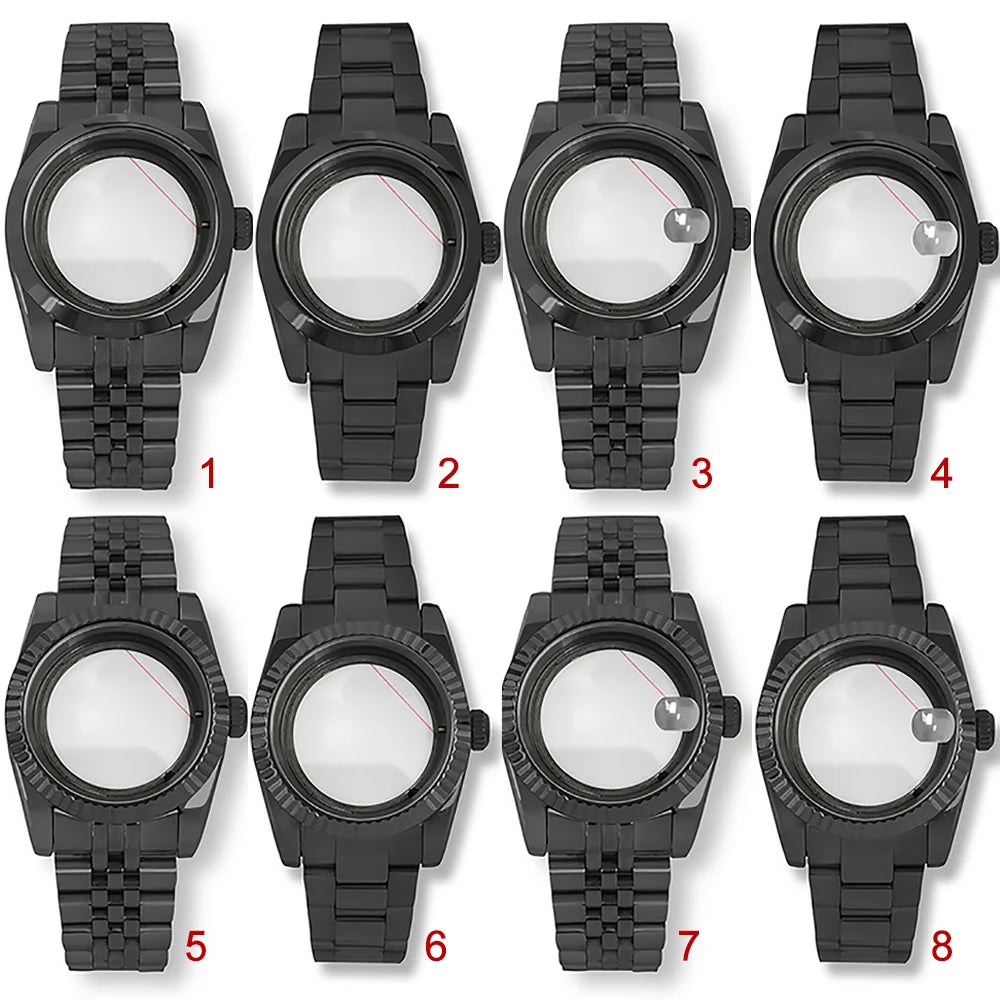 36/39mm Black Watch Case + Strap for NH35/36 Transparent Bottom Sapphire Glass