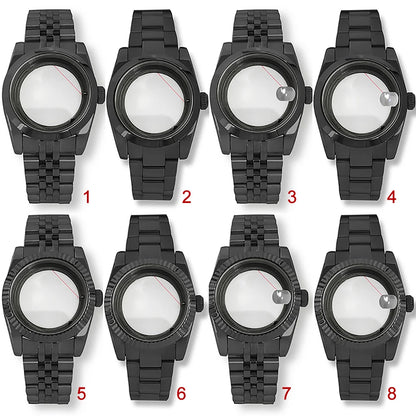 36/39mm Black Watch Case + Strap for NH35/36 Transparent Bottom Sapphire Glass