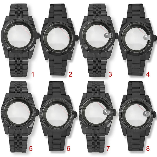 36/39mm Black Watch Case + Strap for NH35/36 Transparent Bottom Sapphire Glass