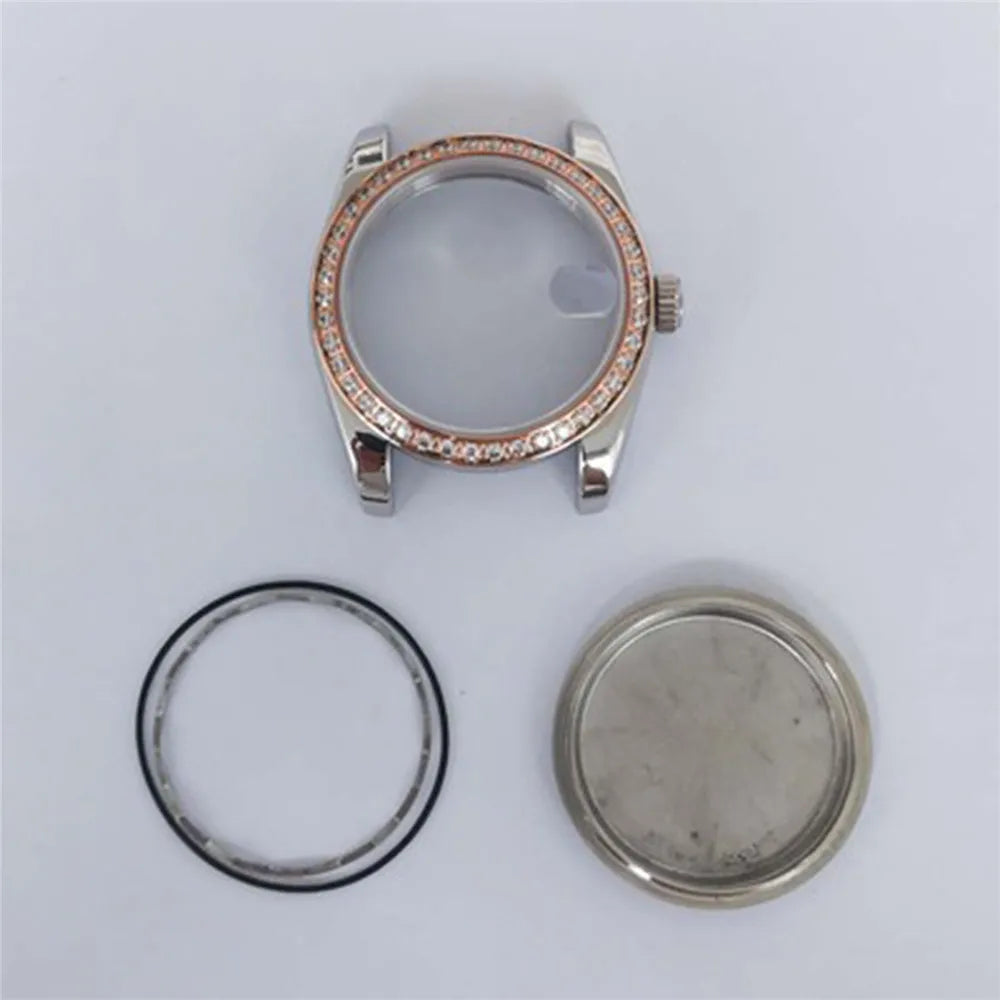 36mm Diamond Steel Watch Case for NH35 NH36 Sapphire Crystal Solid Bottom  Bezel