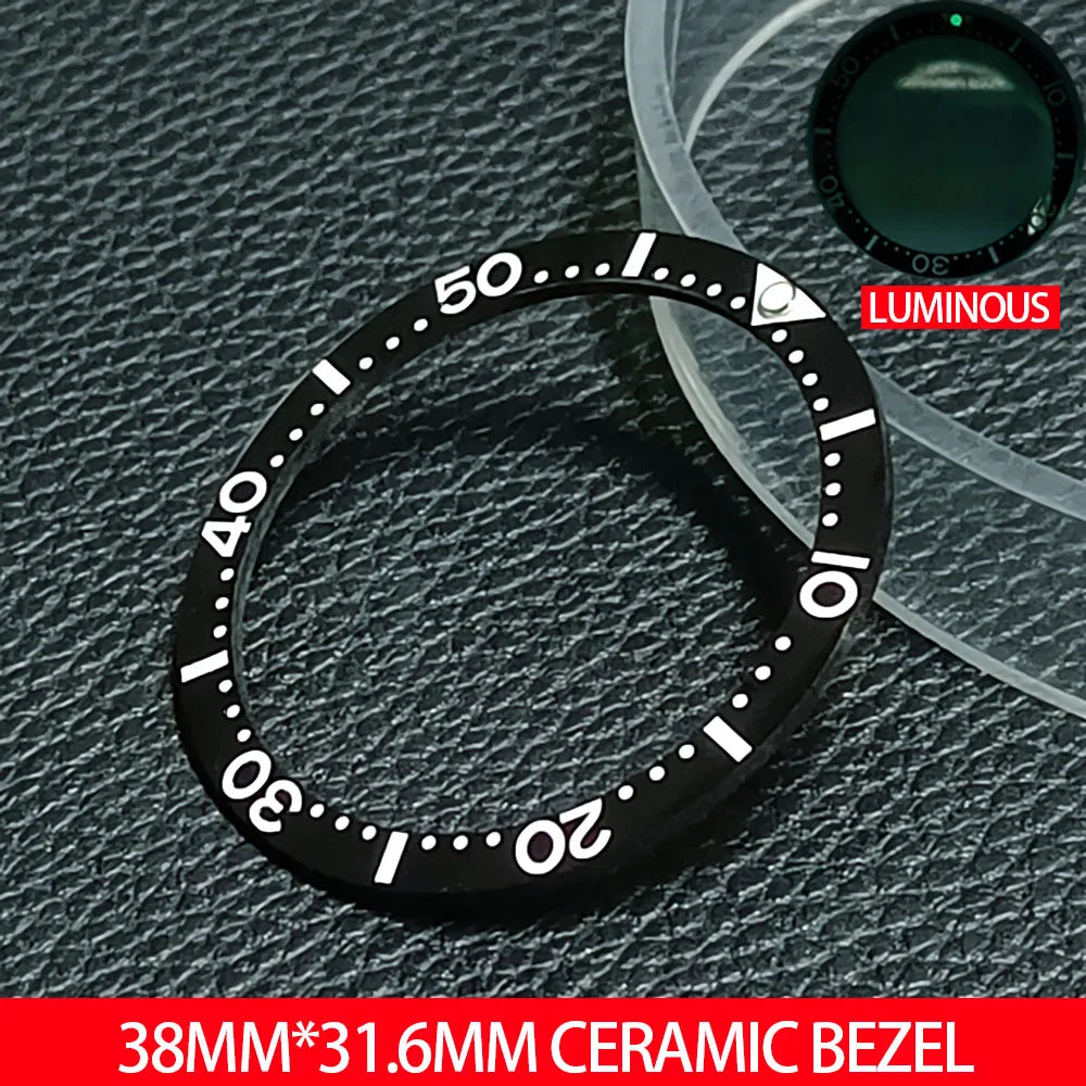 Flat ceramic bezel insert 38mm with luminous markers for precise watch accessory replacement.