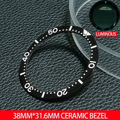 Flat ceramic bezel insert 38mm with luminous markers for precise watch accessory replacement.