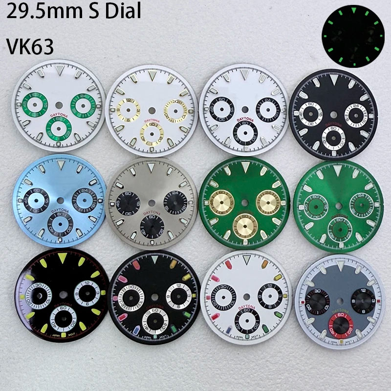 29.5mm VK63 S Logo Dial 3 eyes Green Luminous Fit VK63 Movement Dial Watch