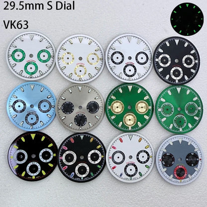 29.5mm VK63 S Logo Dial 3 eyes Green Luminous Fit VK63 Movement Dial Watch
