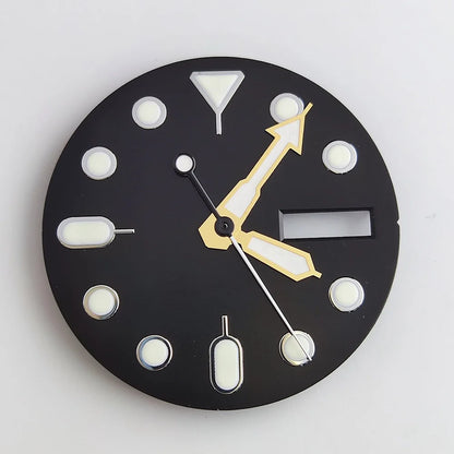 Plane sapphire glass watch case with ceramic bezel, stainless steel, fits NH35/NH36 movement, waterproof design.