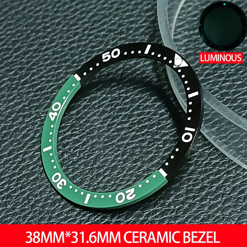 Flat ceramic bezel insert 38mm with luminous markers for precise watch accessory replacement.