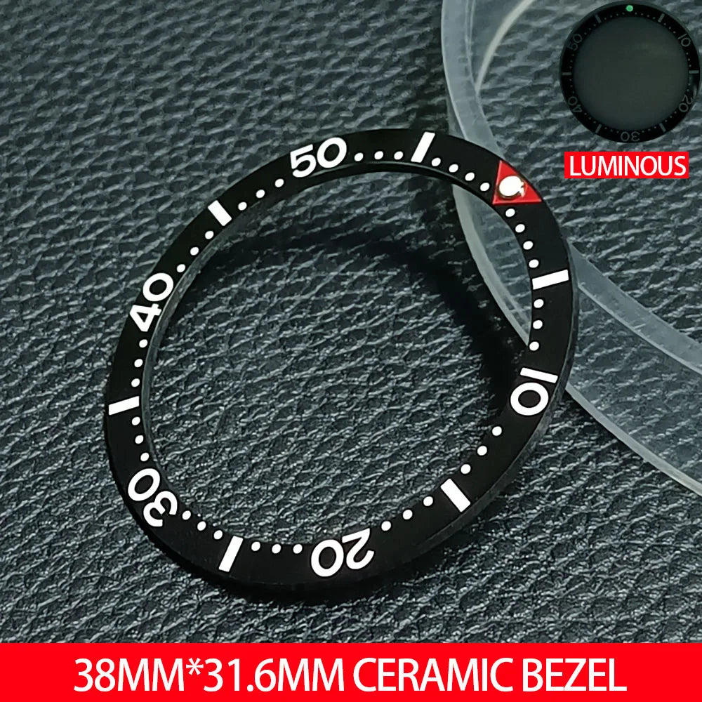 Flat ceramic bezel insert 38mm with luminous markers for precise watch accessory replacement.