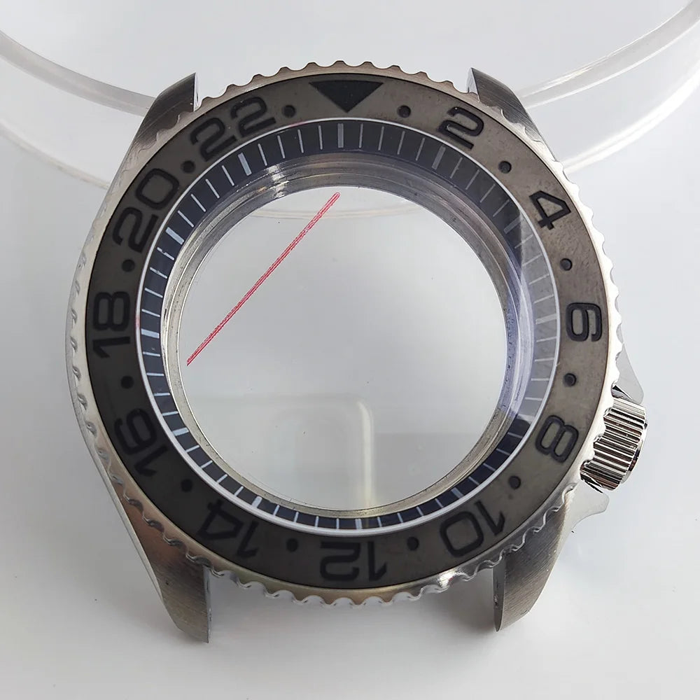 Black matte 41.5mm stainless steel watch case with ceramic bezel, sapphire glass, waterproof, fits NH35 NH36 movements by Case.